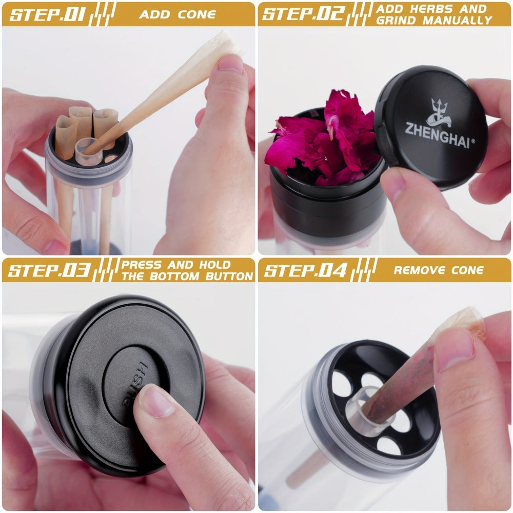 3-in-1 Herb Grinder with Cone Loader & Rolling Machine, Multifunctional Tobacco Grinder Blunt Joint Roller Filling Storage All-in-One