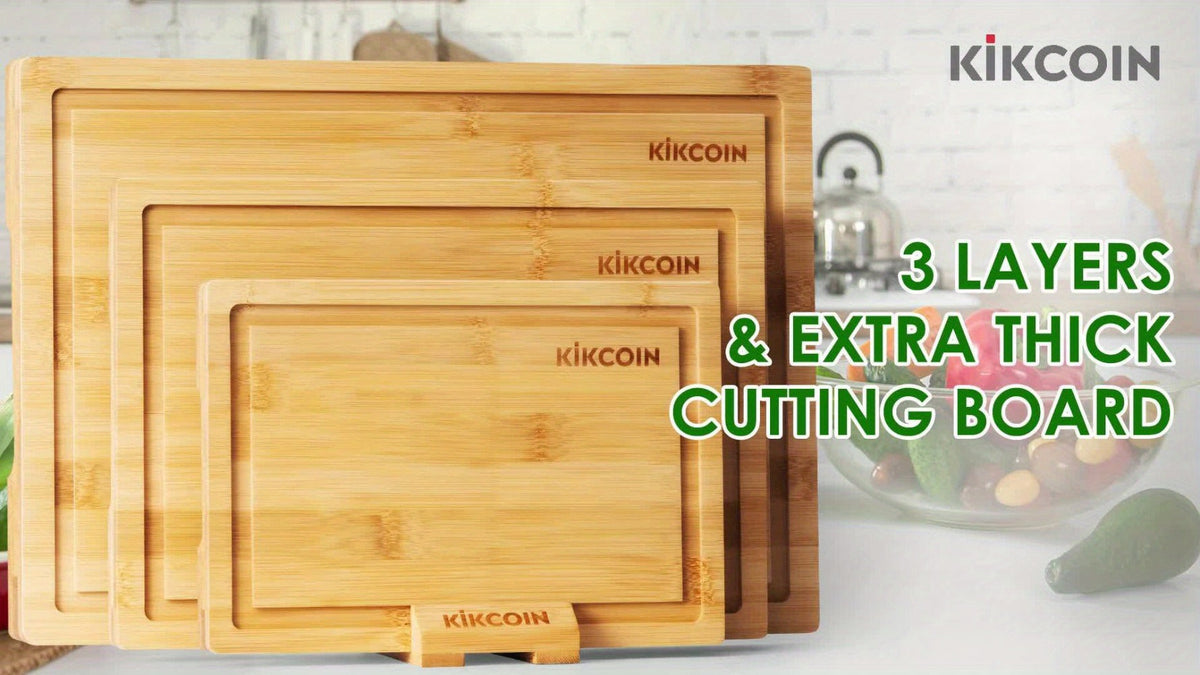 Four-Piece Bamboo Cutting Board Set with Graduated Sizes, Juice Grooves and Storage Rack Included