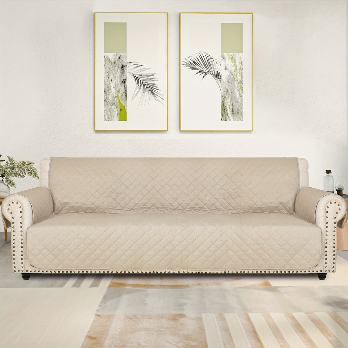 Sofa Cover Five-Layer Quilted Microfiber Protector with Elastic Strap and Foam Anchors for 3 or 4 Seats