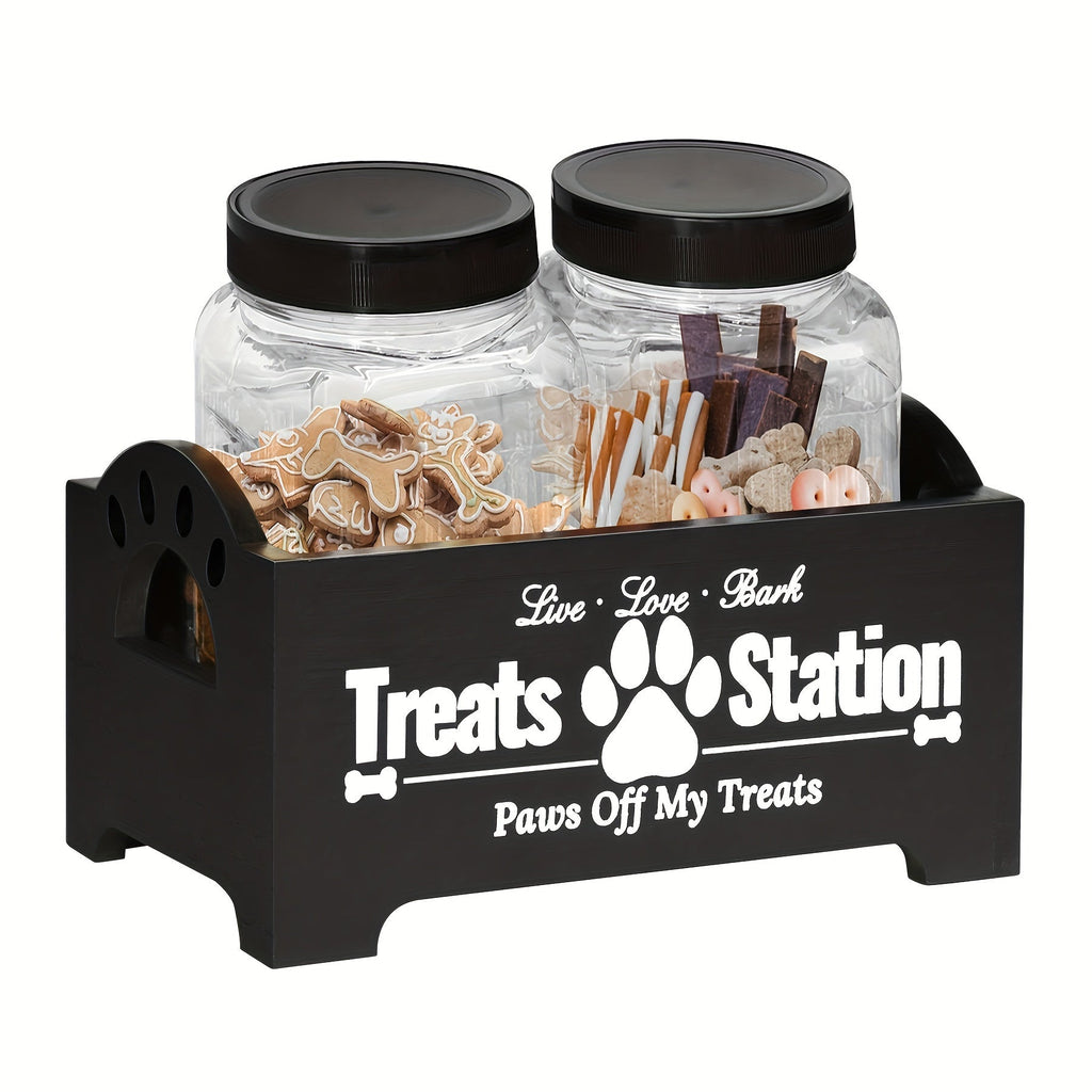 Two-Jar Pet Treat Station with Clear Canisters and Black or White Wood Holder for Countertop Storage