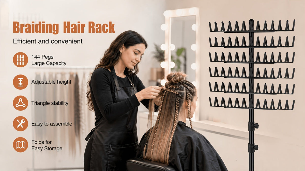 Braiding Hair Rack Hair Styling Tool with 144-Strand Layout, 30-50-Inch Height and Foldable Stand