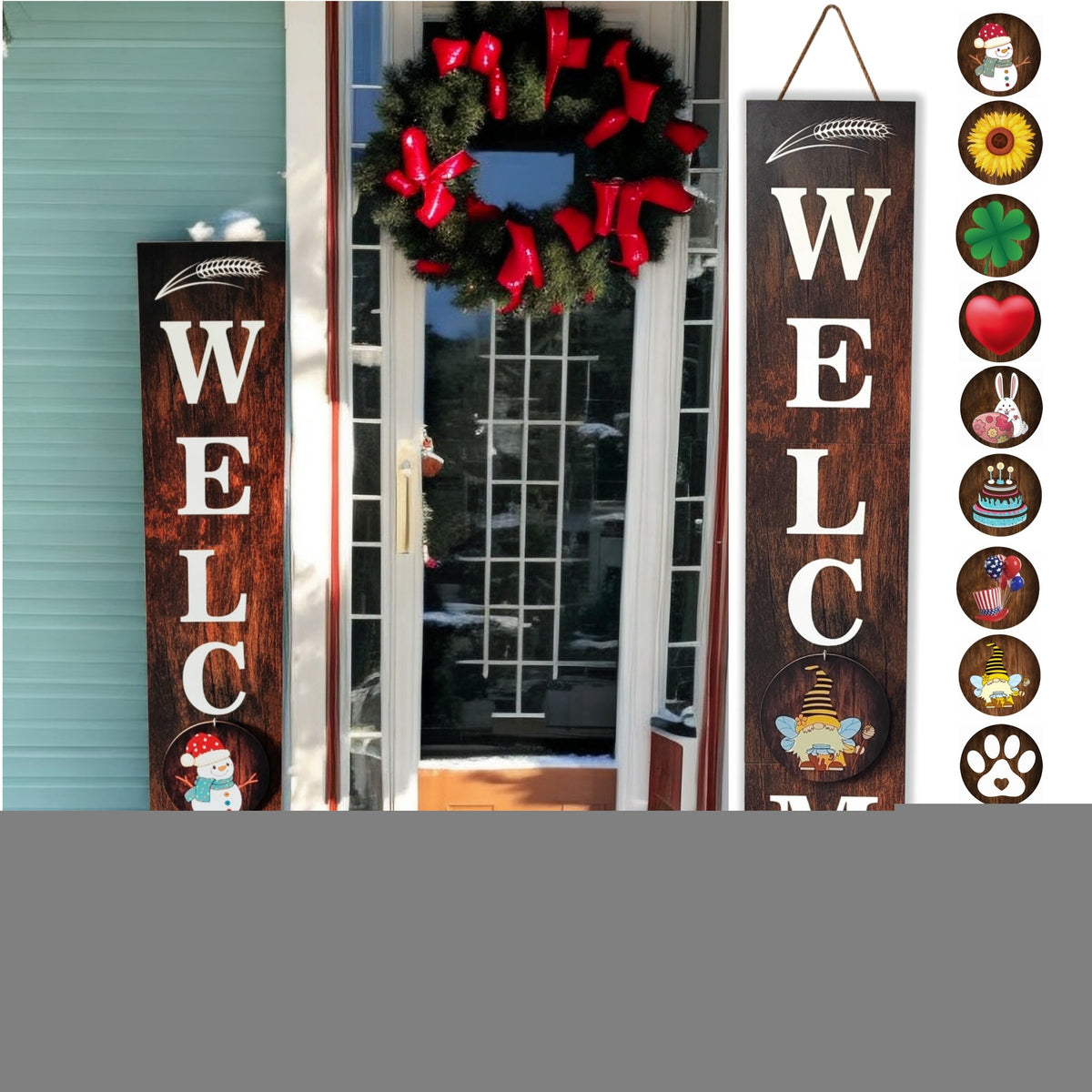 Porch Sign with 12 Interchangeable Seasonal Icons 47 Inch Tall – Welcome Sign for Front Door, Wind Resistant Leaner Board for Patio Yard