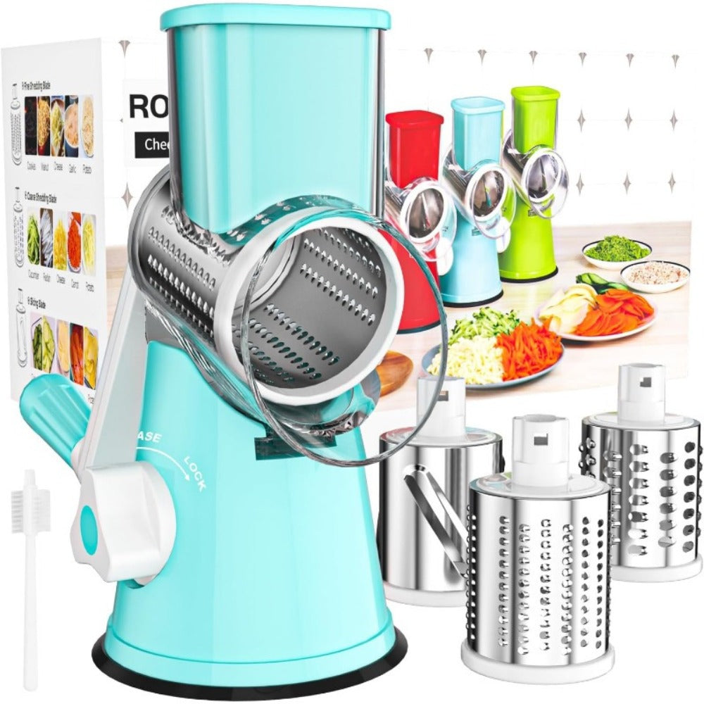 Rotary Cheese Grater with Hand Crank, 3 Interchangeable Blades for Cheese, Vegetables & Nuts, Suction Base