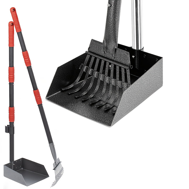 Long-Handle Pet Waste Rake and Tray Set with Two Three-Section Handles and Nine Color Options