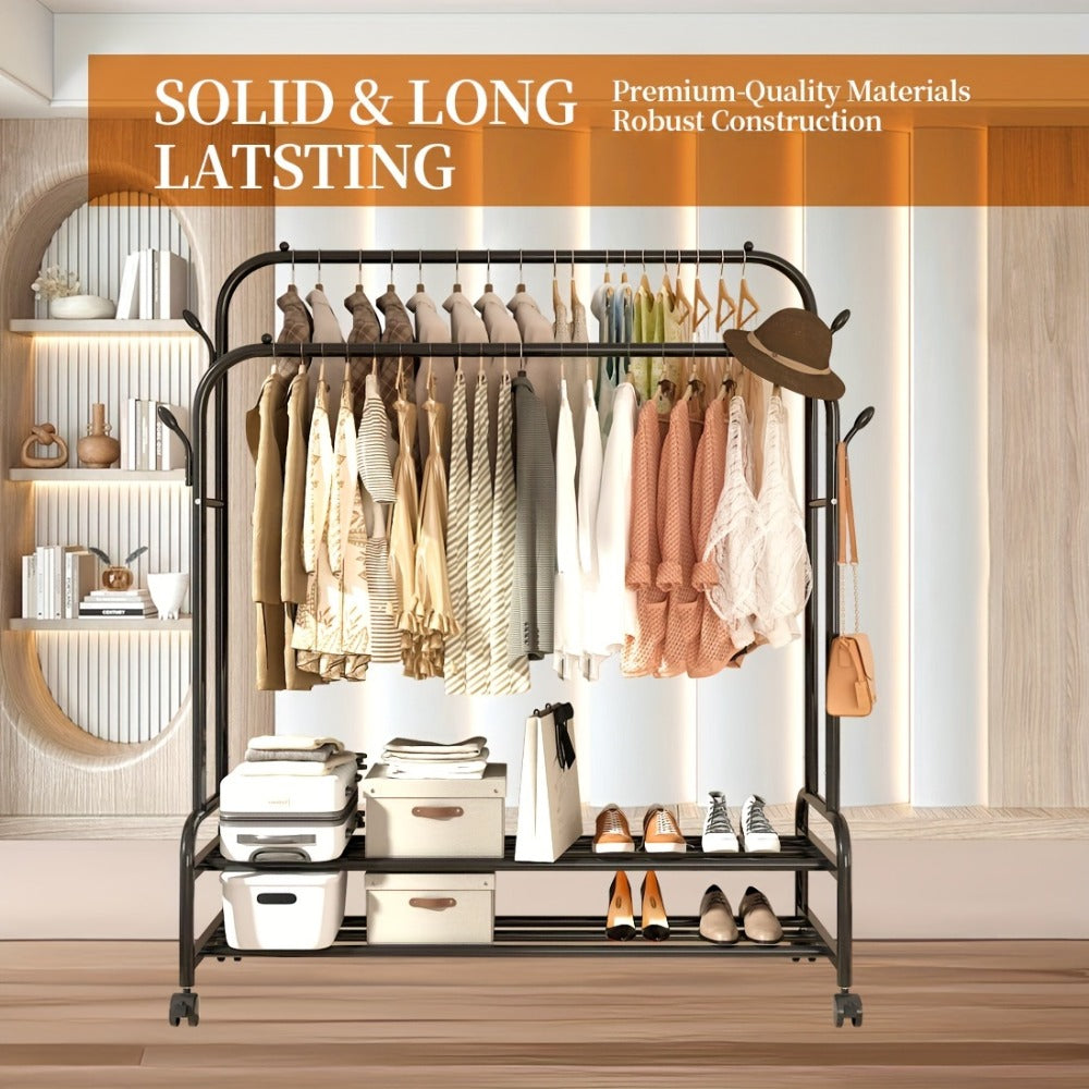 Double Rod Clothes Rack with Wheels Metal Garment Rack with Shelves and Hooks Portable Closet Organizer for Bedroom Living Room Gold