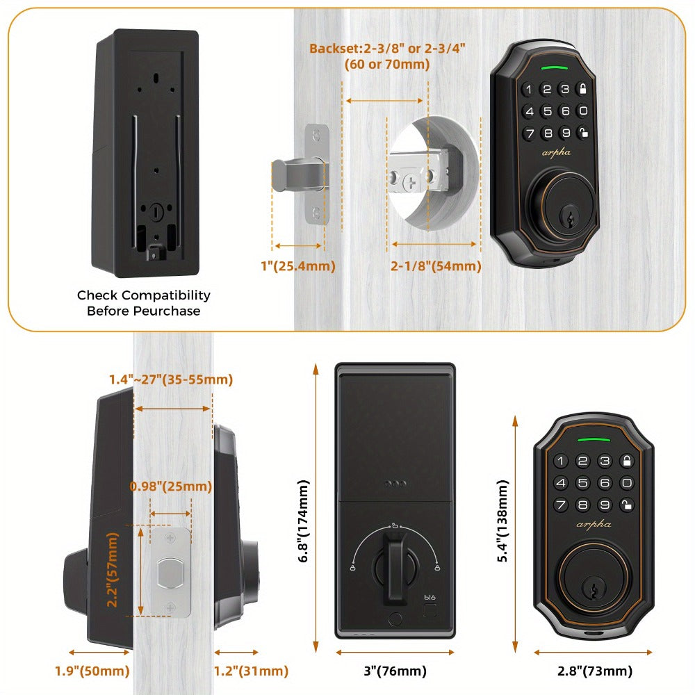 Smart Door Lock Arpha Keypad Deadbolt with Black Silver Handle Sets and Optional Fingerprint WiFi Versions