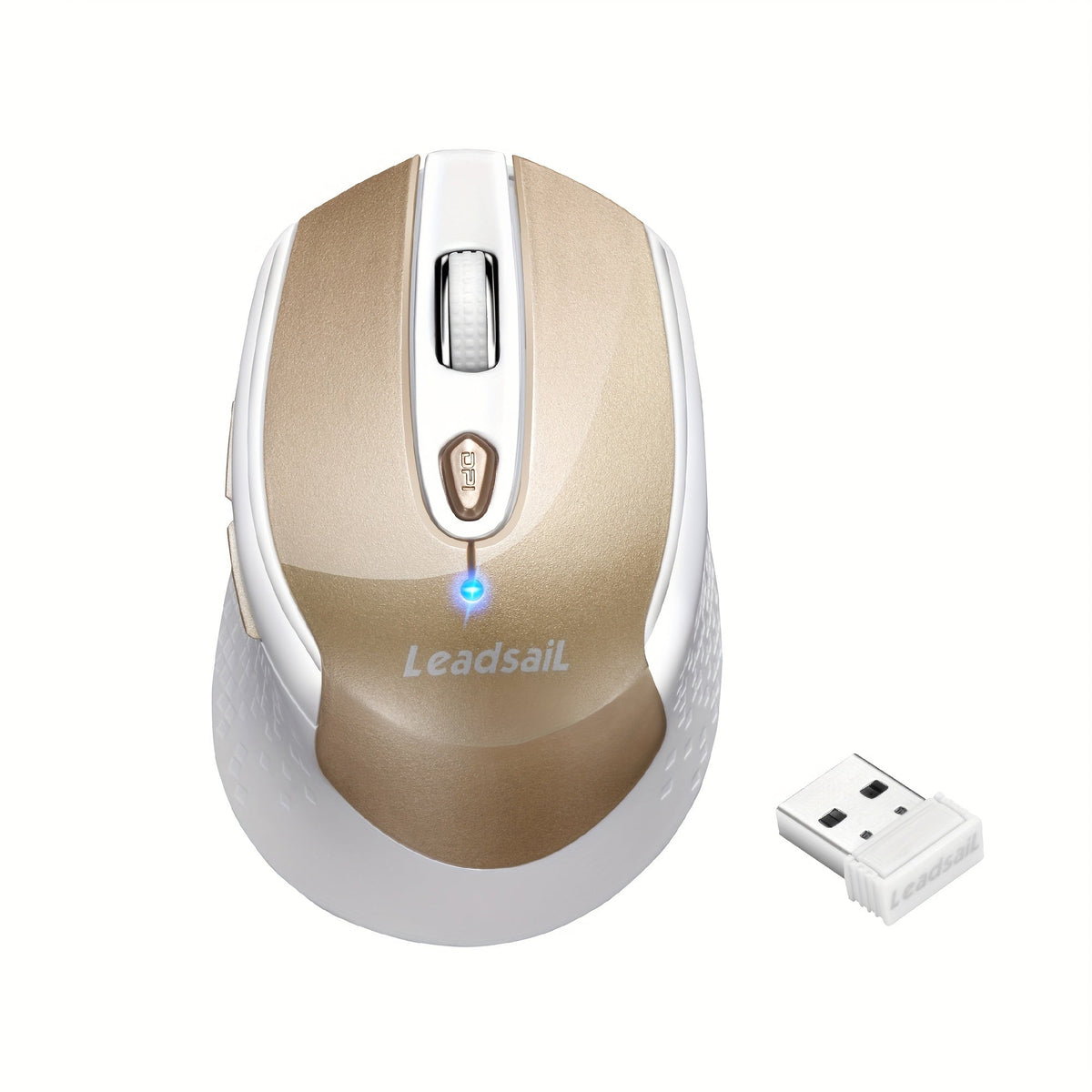 Six-Button 2.4 GHz Wireless Mouse with USB Receiver, Three DPI Levels and Blue or Gold Finish