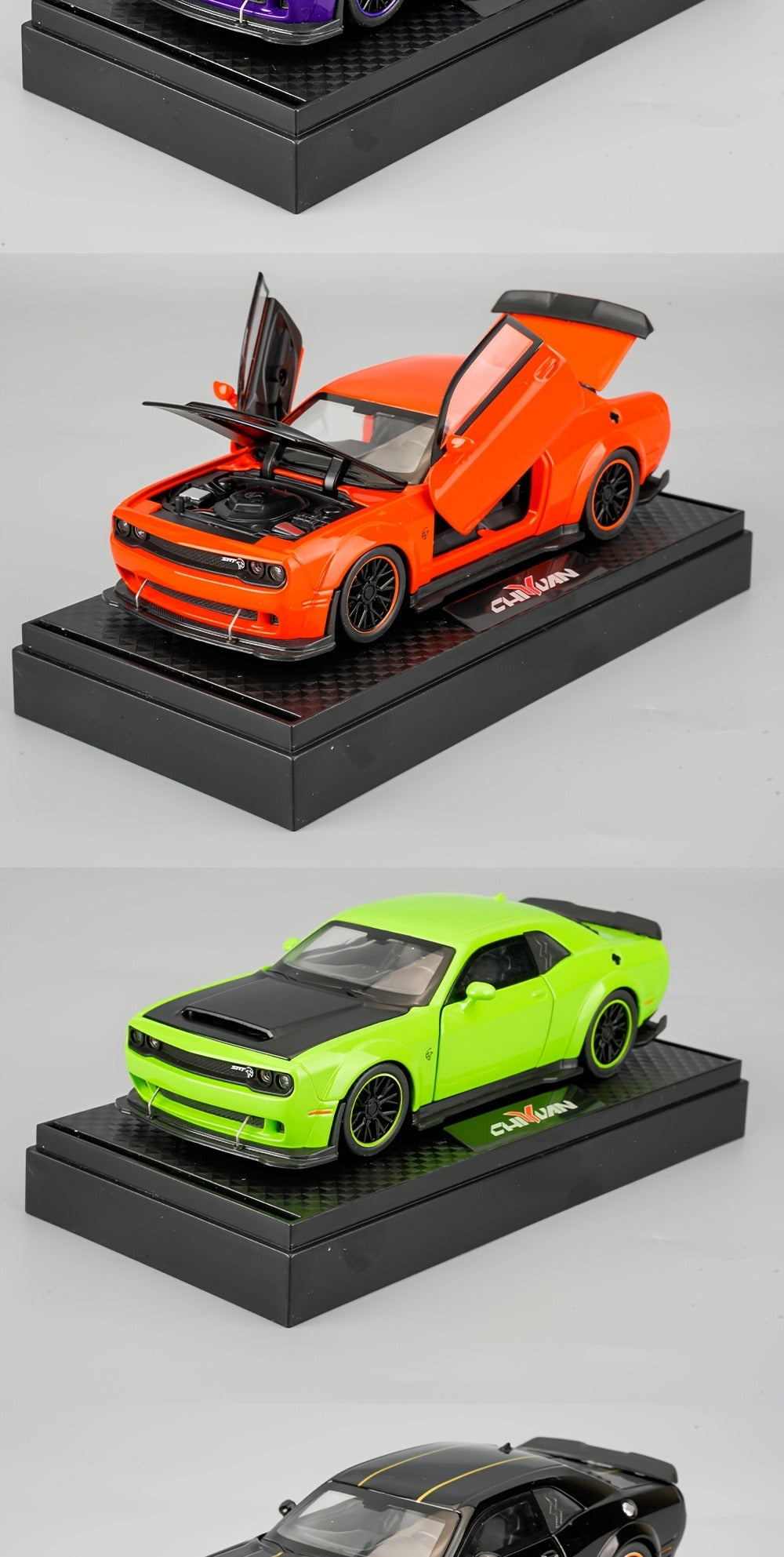 Purple Dodge Sports Car Zinc Alloy Diecast Model with Display Base & Openable Doors, High Simulation Static Display Collectible