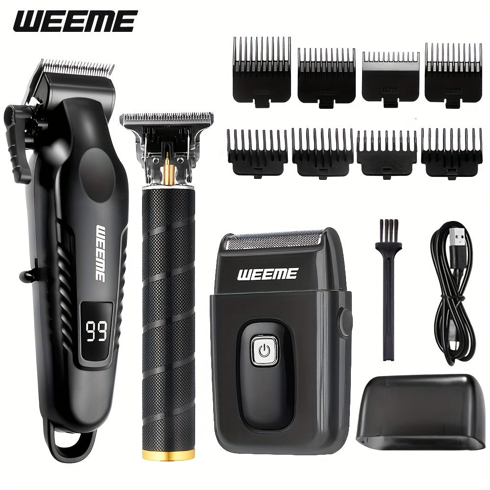 Men's Grooming Barber Haircut Set 2 & 3 Piece – Professional Hair Clipper USB Rechargeable T-Blade Trimmer Razor with 8 Limit Combs Complete