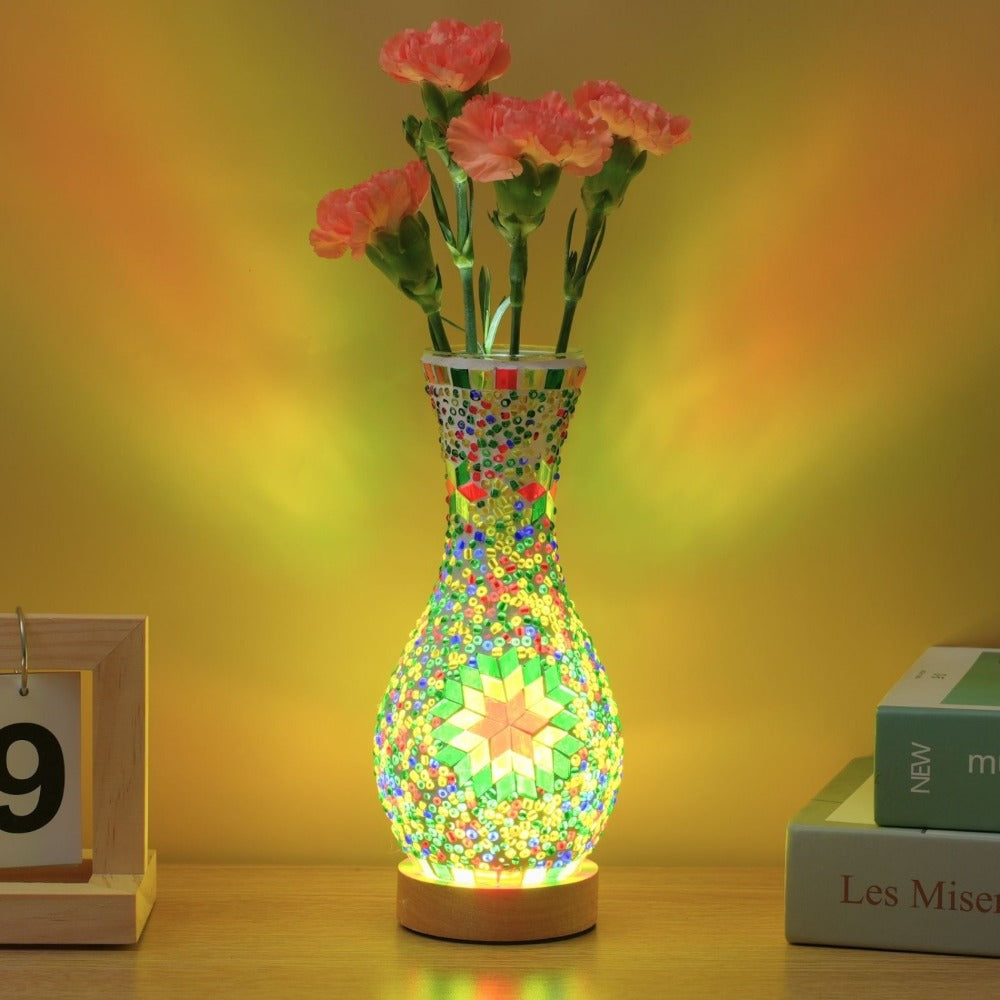 Mosaic Vase Lamp Turkish Moroccan Handmade Colorful Glass Table Lamp with Wooden Base, USB Plug-In Boho Night Light