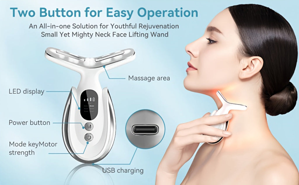 Face & Neck Massager 7-in-1 LED Light Therapy USB Rechargeable - Multifunctional Facial Lifting Wrinkle for Home or Salon Spa Use