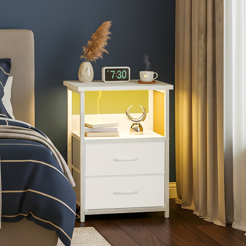 Nightstand Two Fabric Drawers with Charging Station, LED Accent Light and PU or Clear Desktop Options