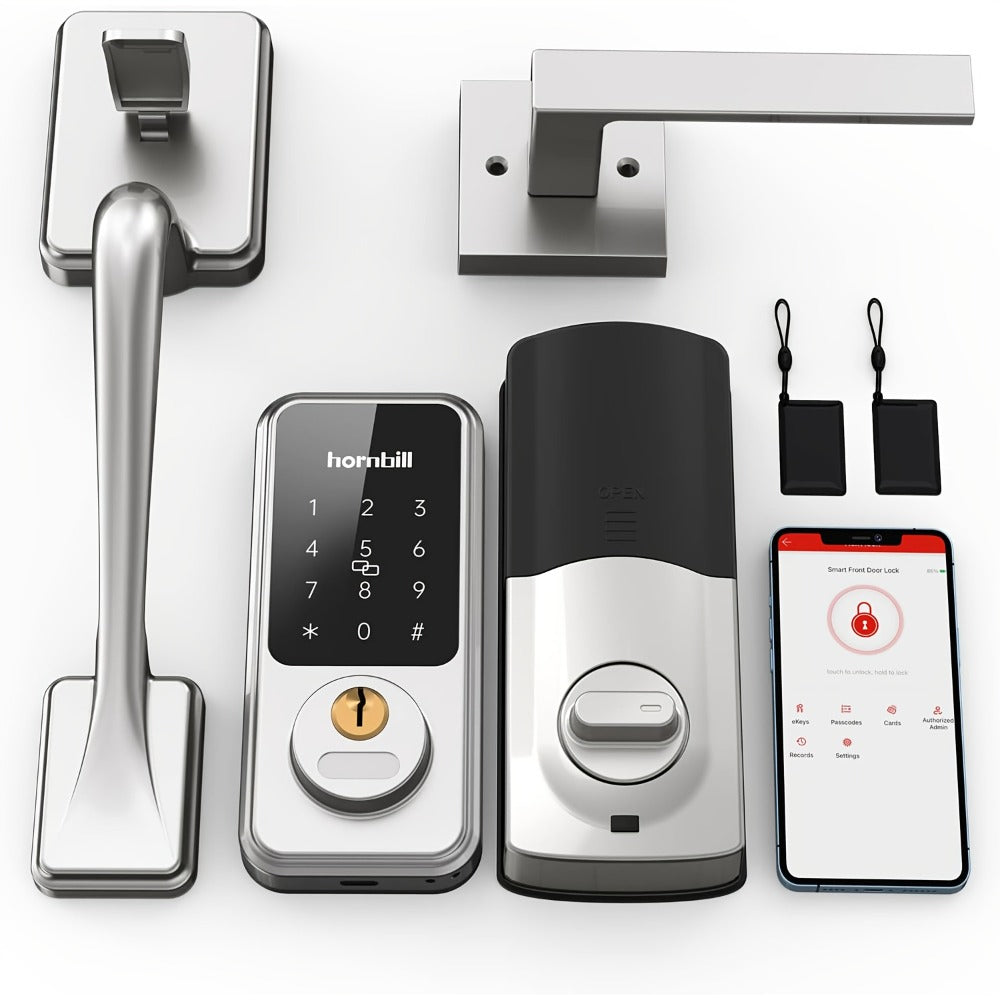 Smart Door Lock Hornbill Keypad Deadbolt and Handle Set with Bluetooth App Keyfob and Alexa Control