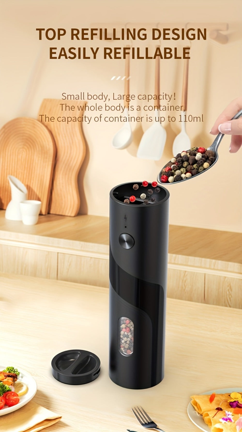 Electric Salt and Pepper Grinder Set with LED Light, Rechargeable Salt Pepper Mill, Adjustable Coarseness 3.72oz Large