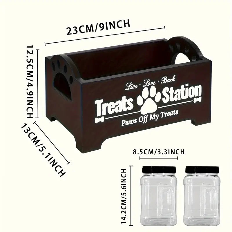 Dog Treat Storage Container Set – Rustic Wooden Organizer with 2 Plastic Treat Bins, Airtight Pet Food Storage for Kitchen Counter