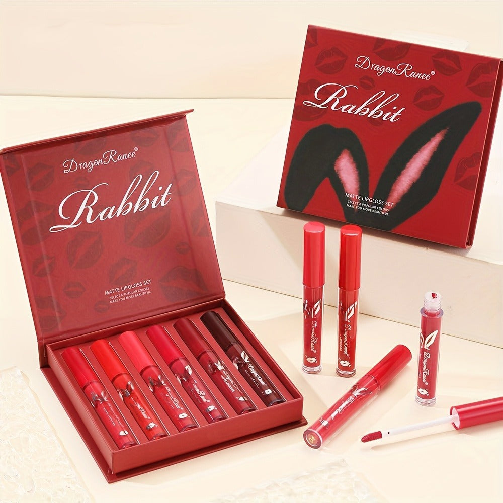 Lip Gloss Set by Dragon Ranee with 6 Red-Tone Matte Lip Colors, Tube Applicators and Gift Box