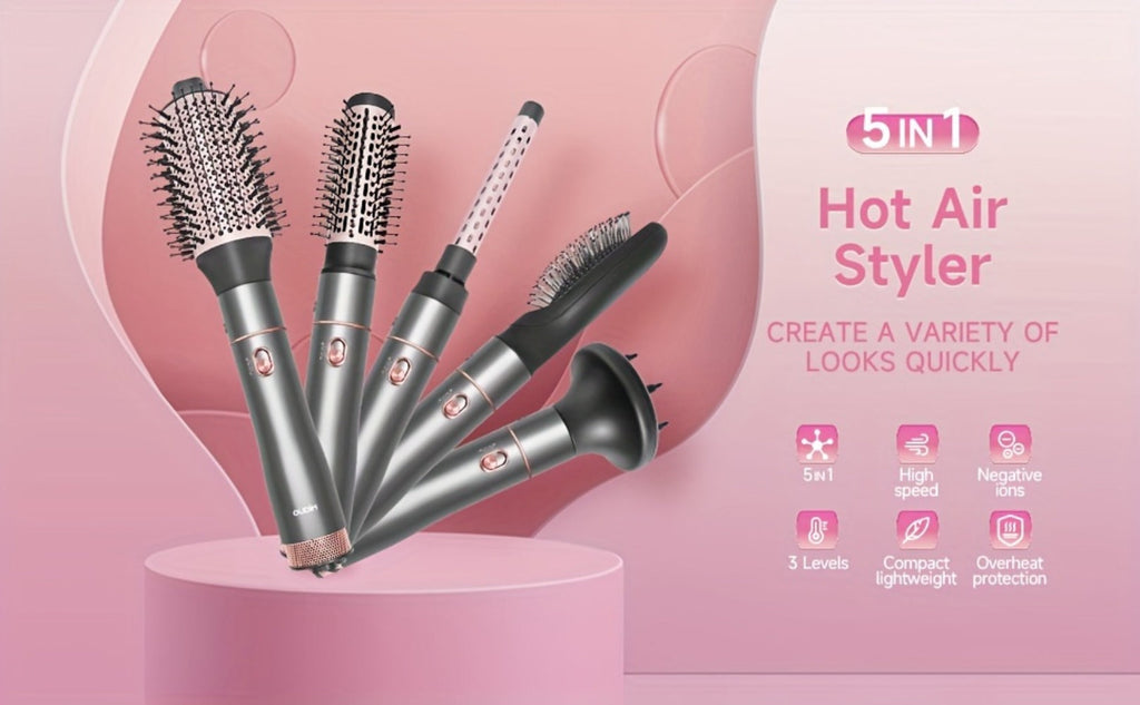 5-in-1 Hot Air Styling Comb Set Negative Ion Hair Dryer Brush with 5 Interchangeable Heads, for Home, Travel and Salon Hair Styling
