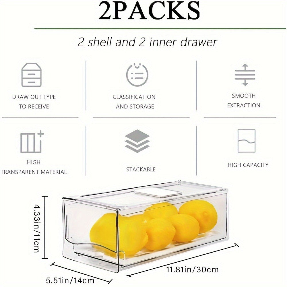 Stackable Fridge Organizer Bins with Drain Board 2 Pack, Refrigerator Drawer Organizer for Produce Fruit Vegetable