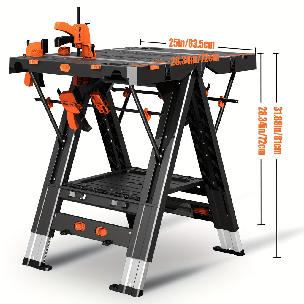 Folding Workbench 2-in-1 Portable Work Table, Height-Adjustable Sawhorse Workbench with 4 Woodworking Clamps