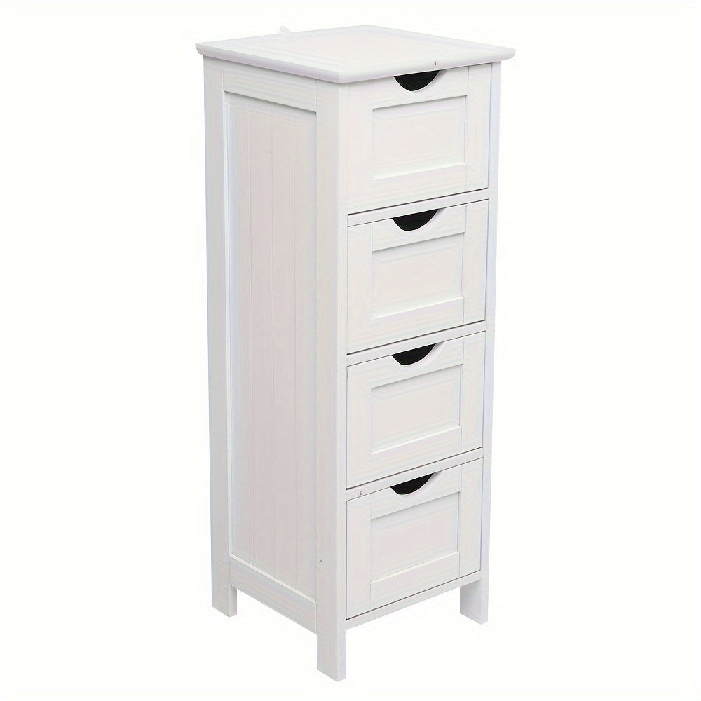 Storage Cabinet Narrow White MDF Tower with Four Drawers and Compact 11.82-Inch Square Footprint