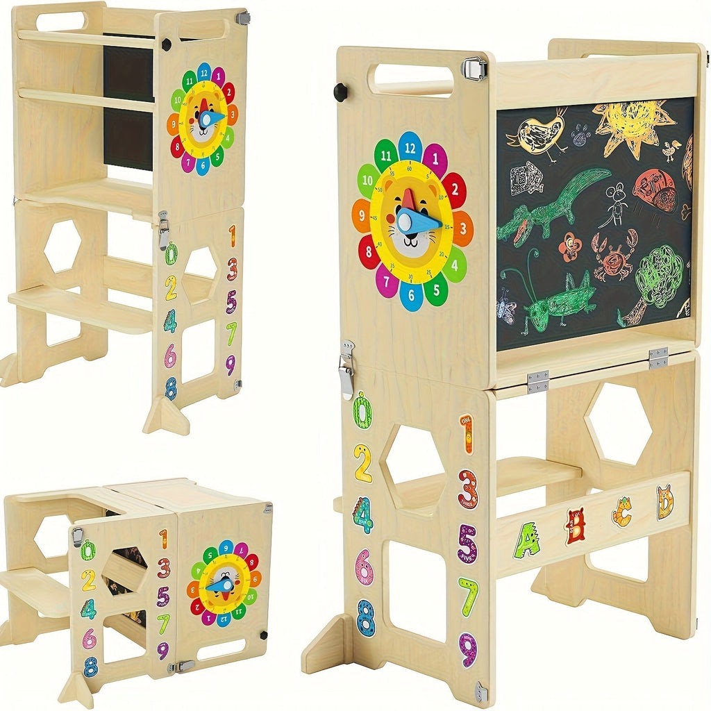 4-in-1 Foldable Toddler Learning Tower with Solid Wood Construction for Kids' Room
