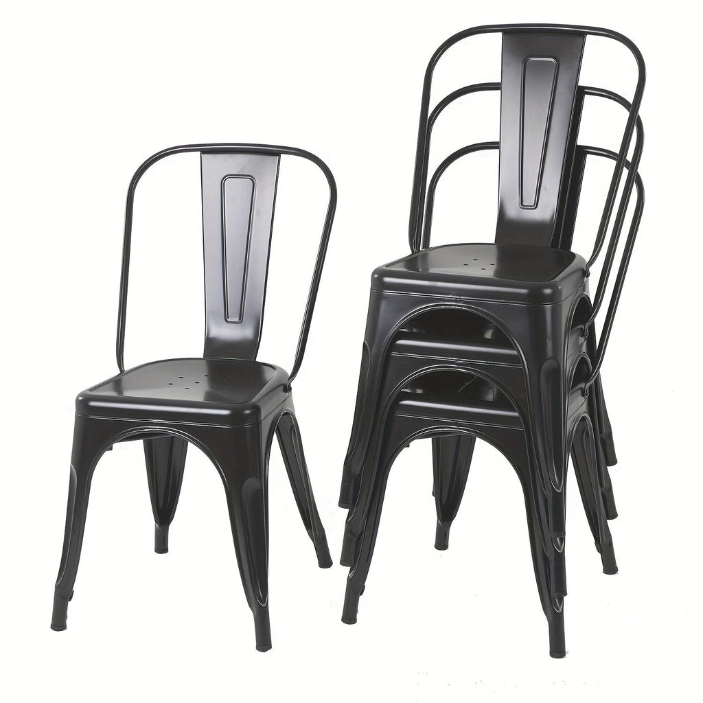 Four-Pack Metal Dining Chair Set with Stackable Slat-Back Design, Drain Holes and Seven Color Options