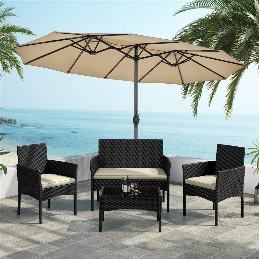 Four-Piece Wicker Patio Conversation Set with Loveseat, Two Armchairs, Glass-Top Table and Four Color Options
