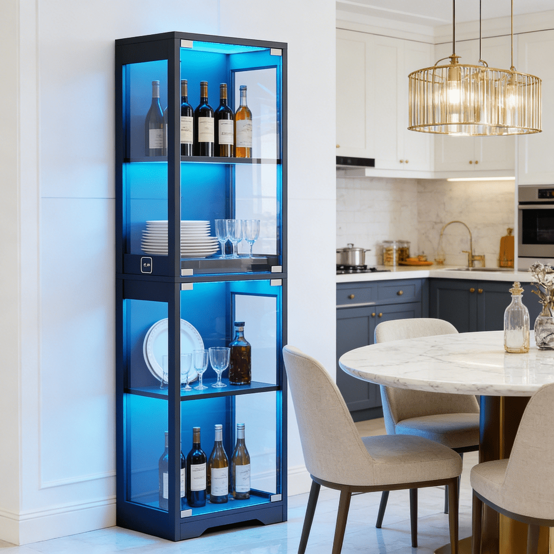 Four-Tier LED Display Cabinet in Black or White with Glass Doors, Magnetic Catches and Touch Controls