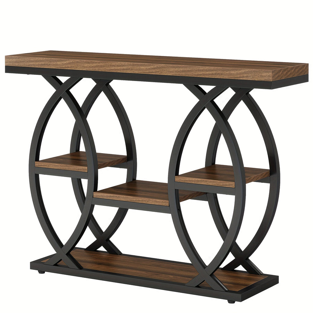 Four-Tier Console Table with Paired Circular Metal Side Frames and Staggered Shelves in Brown or Grey