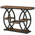 Four-Tier Console Table with Paired Circular Metal Side Frames and Staggered Shelves in Brown or Grey