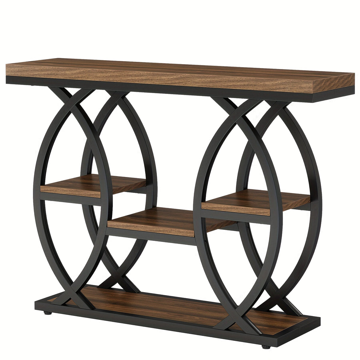 Four-Tier Console Table with Paired Circular Metal Side Frames and Staggered Shelves in Brown or Grey