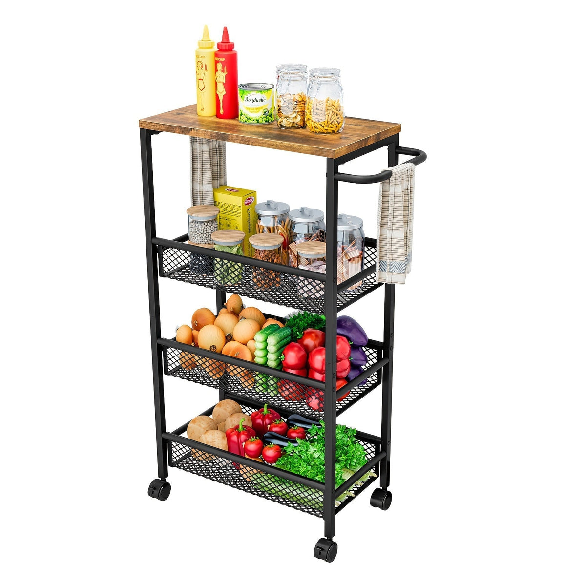 4-Tier Narrow Rolling Storage Carts And Kitchen Carts with Solid Wood Construction