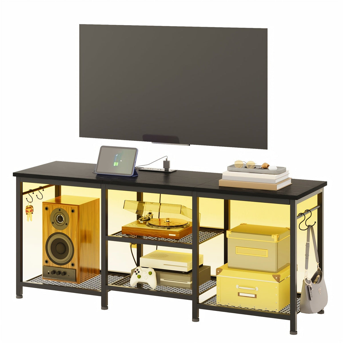 TV Stand 4-Tier Open Shelf Console with Charging Station, Color-Changing LED and Two Finishes