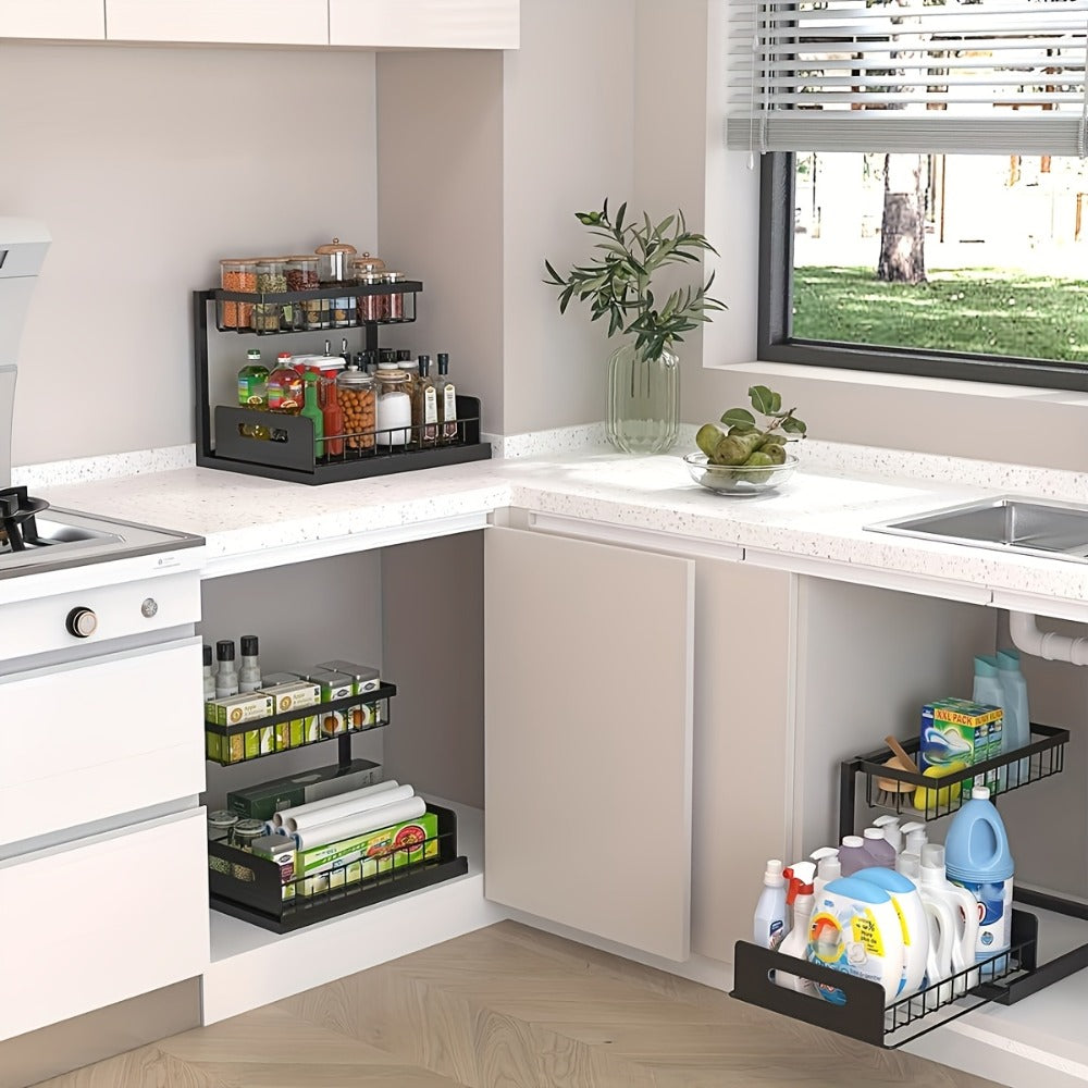 Under Sink Storage Organizer 2-Tier Sliding Metal Shelf in 1-Pack or 2-Pack, Black, White or Gray