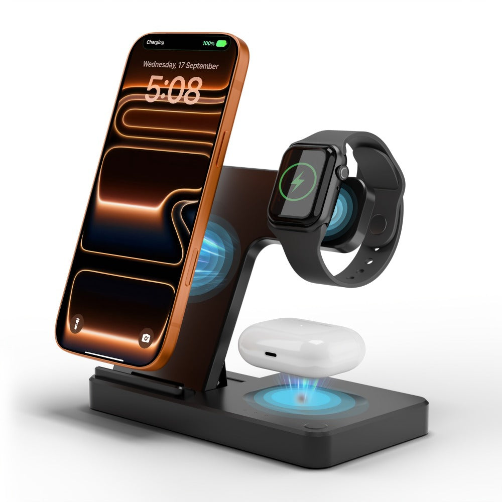 Wireless Charging Station, Foldable 3-in-1 15W Portrait-Landscape Stand with Four Black or White Adapter Options