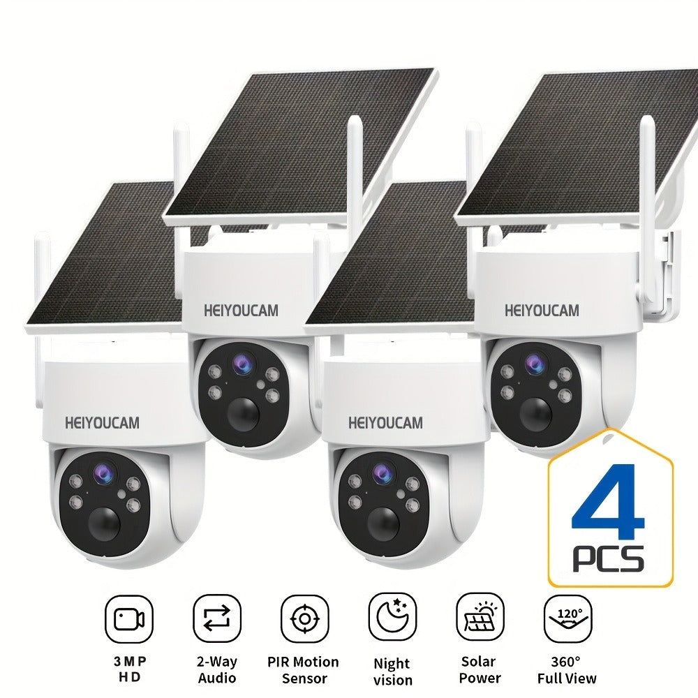 3MP Solar PTZ Outdoor Security Camera with 360-Degree Movement Label and One- or Four-Camera Options
