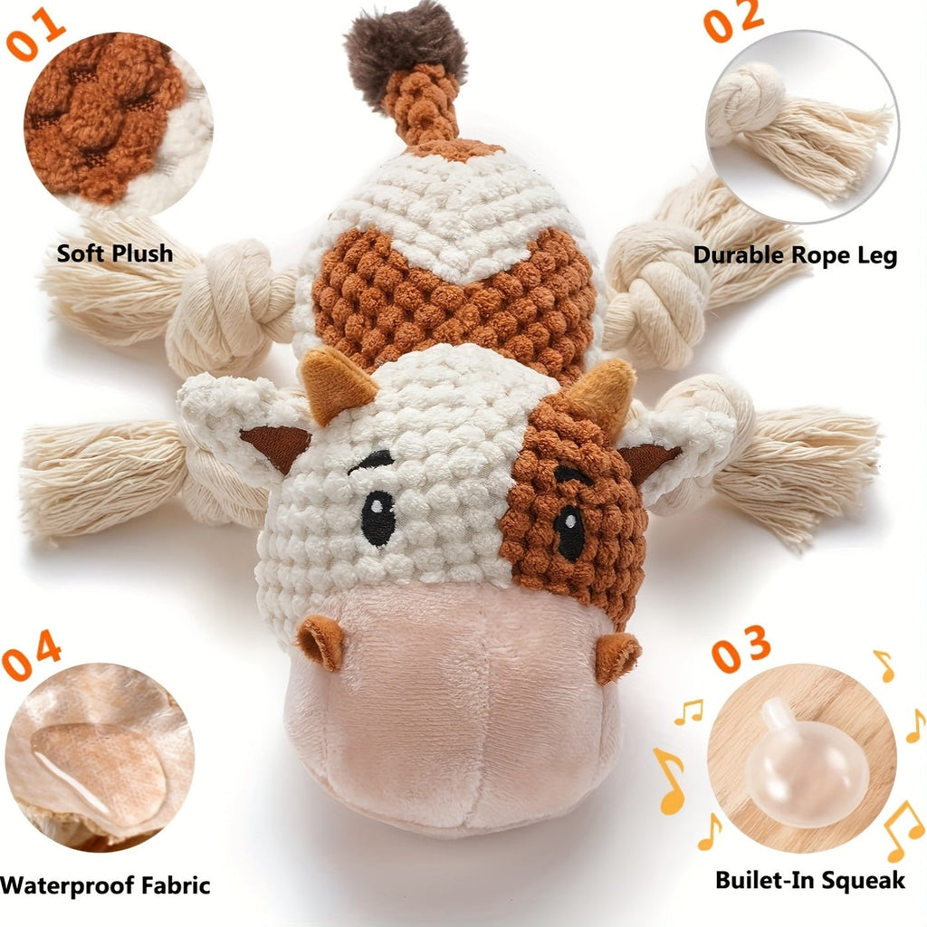 Dog Toy Cow Plush with Squeaker, Crinkle Paper, Woven Legs and Washable Construction for Multiple Dog Sizes