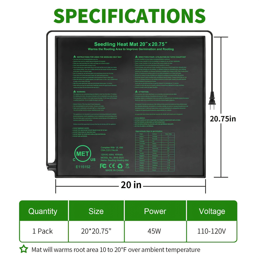 Seedling Heat Mat MET, Uniform Heating for Germination Indoor Gardening Greenhouse, Hydroponic Seed Starting Warming Pad M & L Size