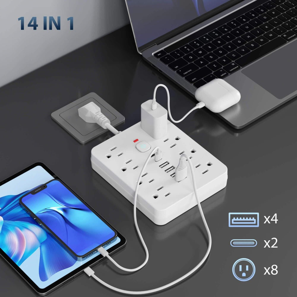 Power Strip 14-in-1 Surge Protector with 8 AC Outlets, 4 USB-A, 2 USB-C and Black or White Finish