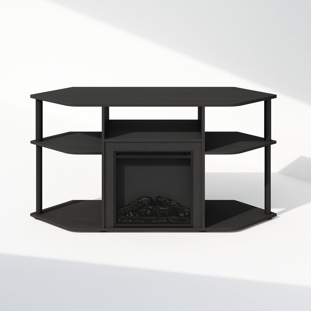 Corner TV Stand with Electric Fireplace, 55" Entertainment Center with Open Storage Shelves & Decorative Plastic Poles