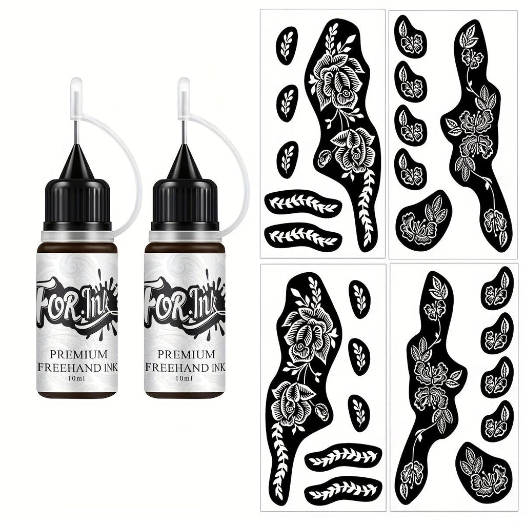 Tattoo Stencil Kit with Brown Paste Ink & Flash Spray, Pre-Cut Hollow Template DIY Freehand Henna Style