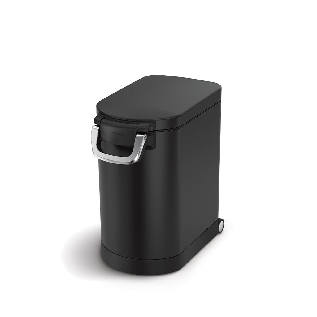 Angled view of Simplehuman Medium Pet Food Can, Matte Black, airtight locking handle and easy-move wheels.