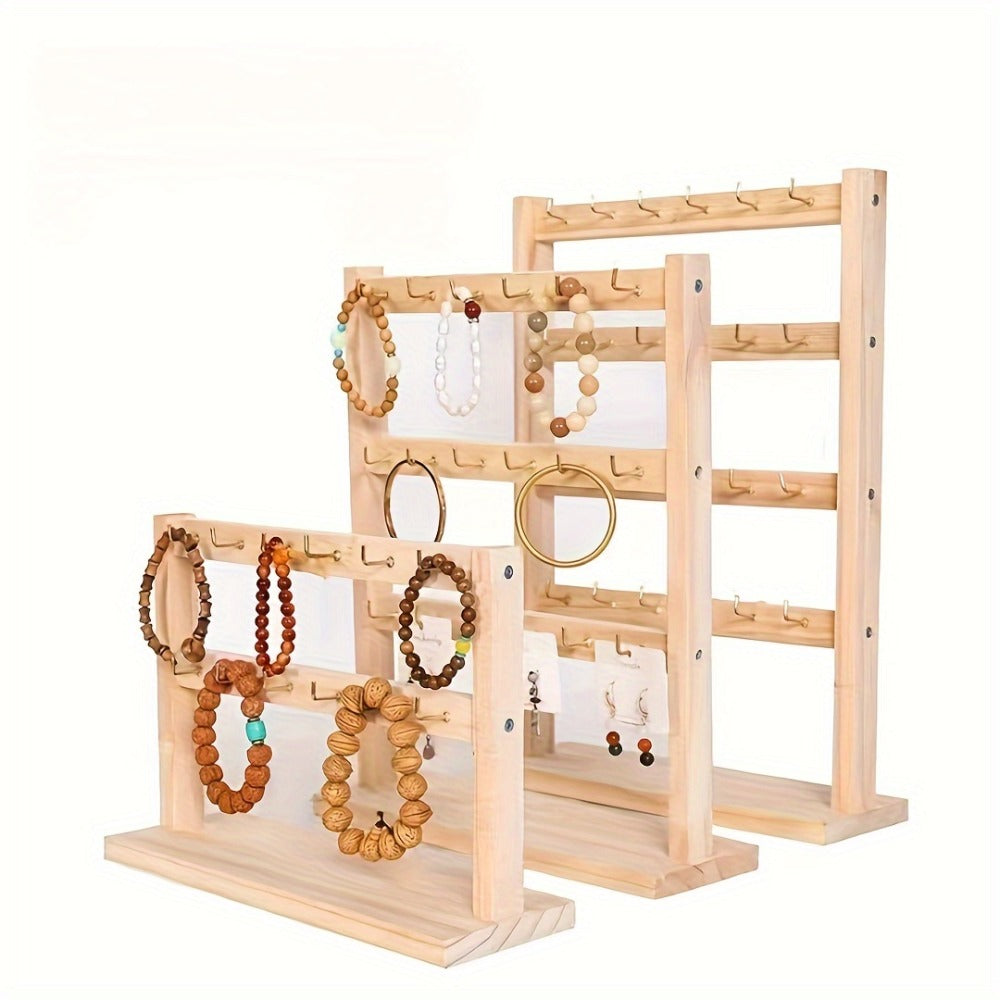 Jewelry Display Stand Multi-Layer Wooden Earring Holder Rack with Hooks Desktop Organizer for Entryways, Bedrooms and Living Spaces