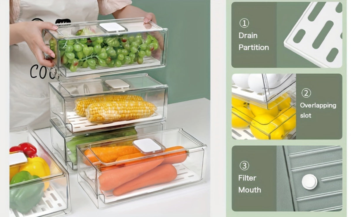 Stackable Fridge Organizer Bins with Drain Board 2 Pack, Refrigerator Drawer Organizer for Produce Fruit Vegetable