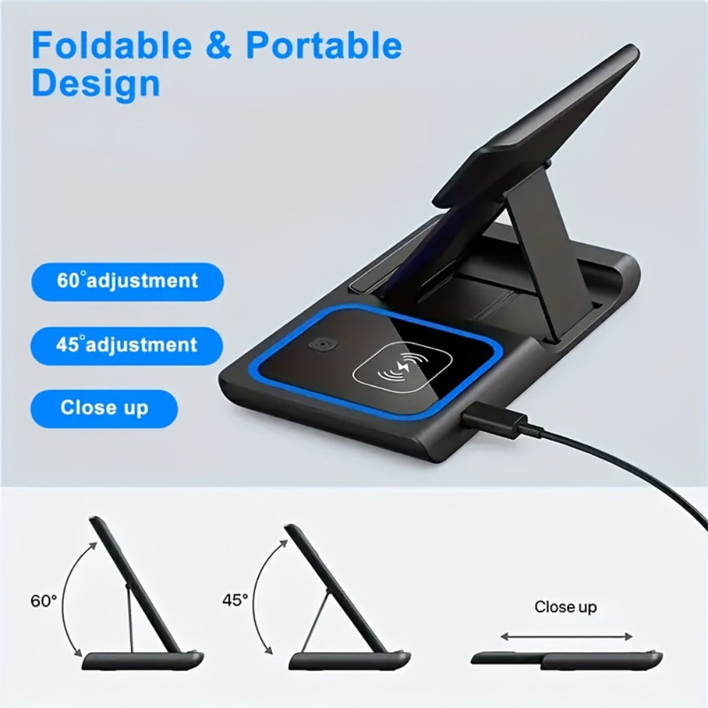 Wireless Charging Station, 3-in-1 15W Upright Stand with QC3.0 Adapter for iPhone, Watch and AirPods Models