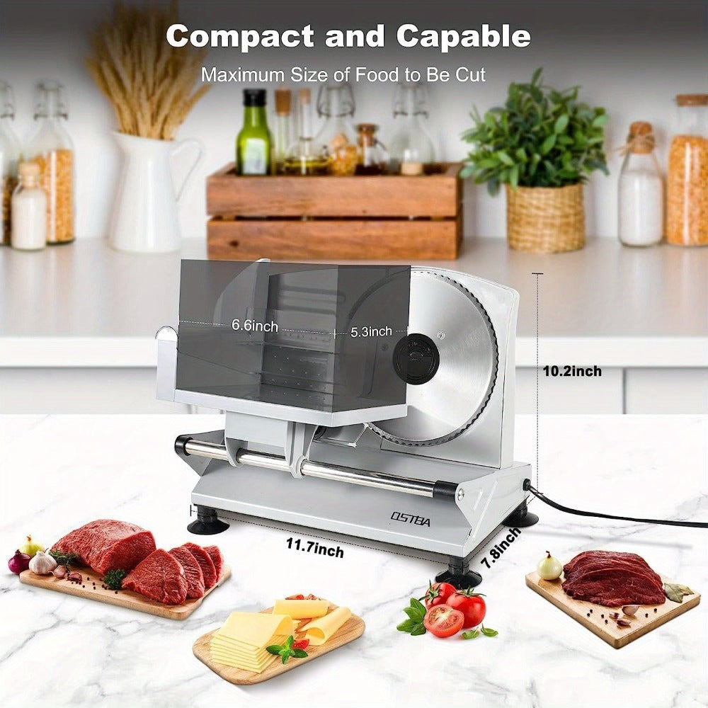 Electric Meat Slicer for Home Use – Deli Food Slicer with 2 Removable Stainless Steel Blades, Adjustable Thickness, Food Carriage for Meat