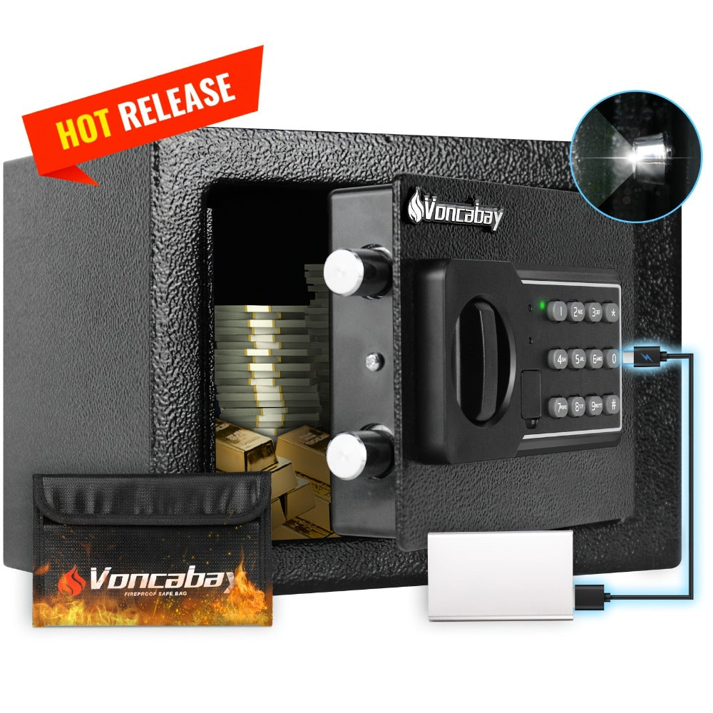 Home Security Safe Box with Sensor Light & Fireproof Bag, Digital Keypad Lock Box with Backup Keys for Cash