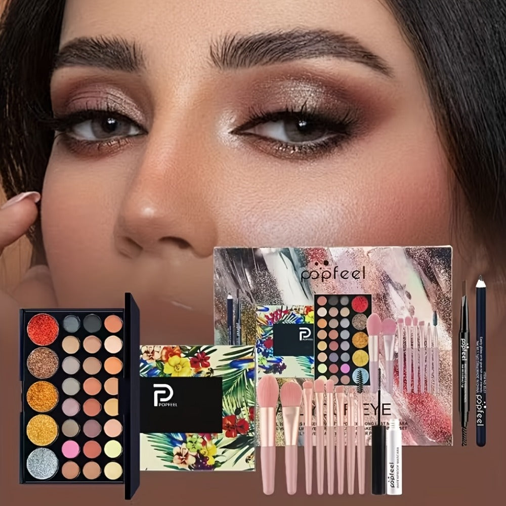 Makeup Gift Set POPFEEL 29-Color Eyeshadow Palette + Mascara + Eyeliner + Brow Pencil + Highlighter Powder + 7-Piece Brush Set | Complete