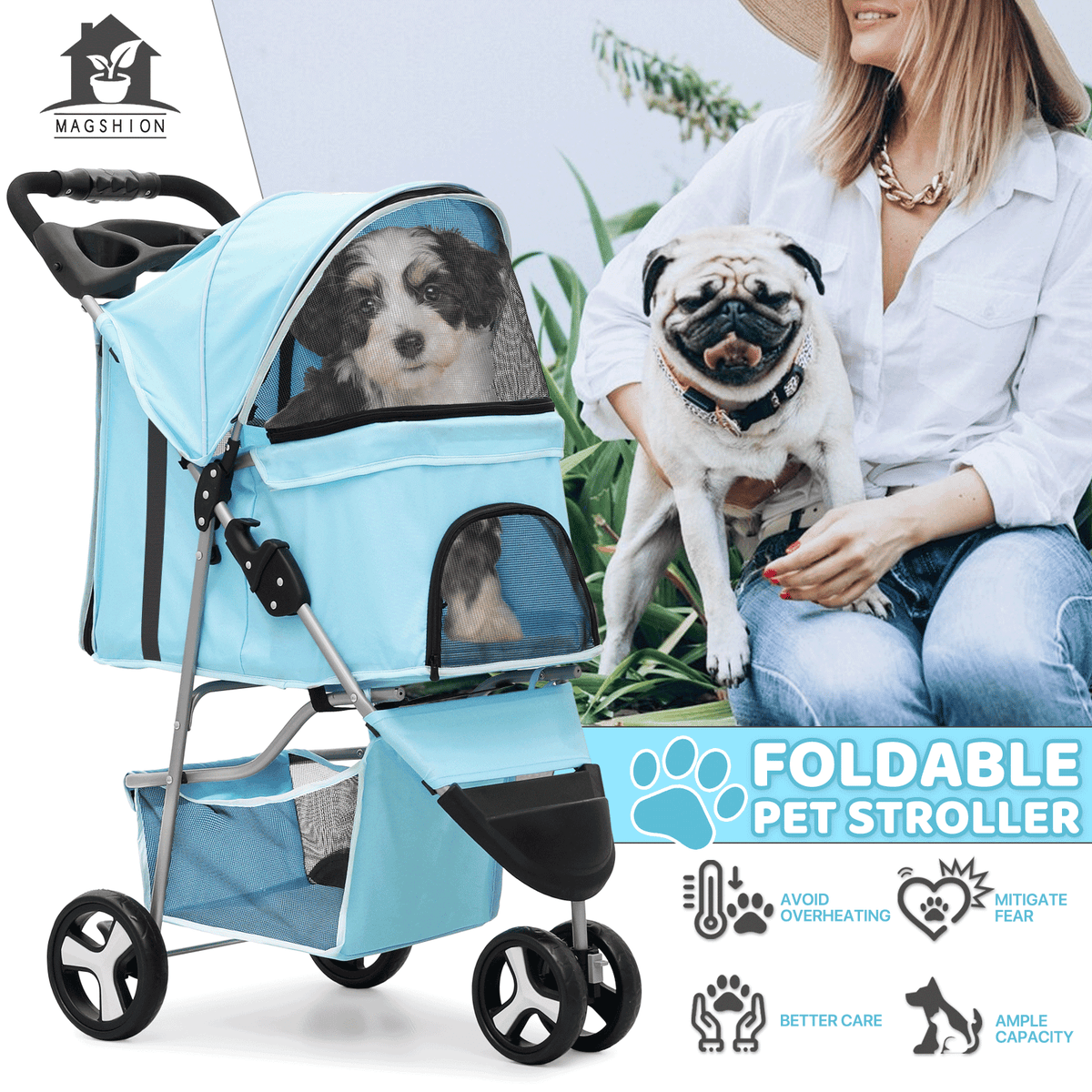 Three-Wheel Pet Stroller with Folding Mesh Cabin, Cup Tray, Lower Basket and Eleven Color or Print Options