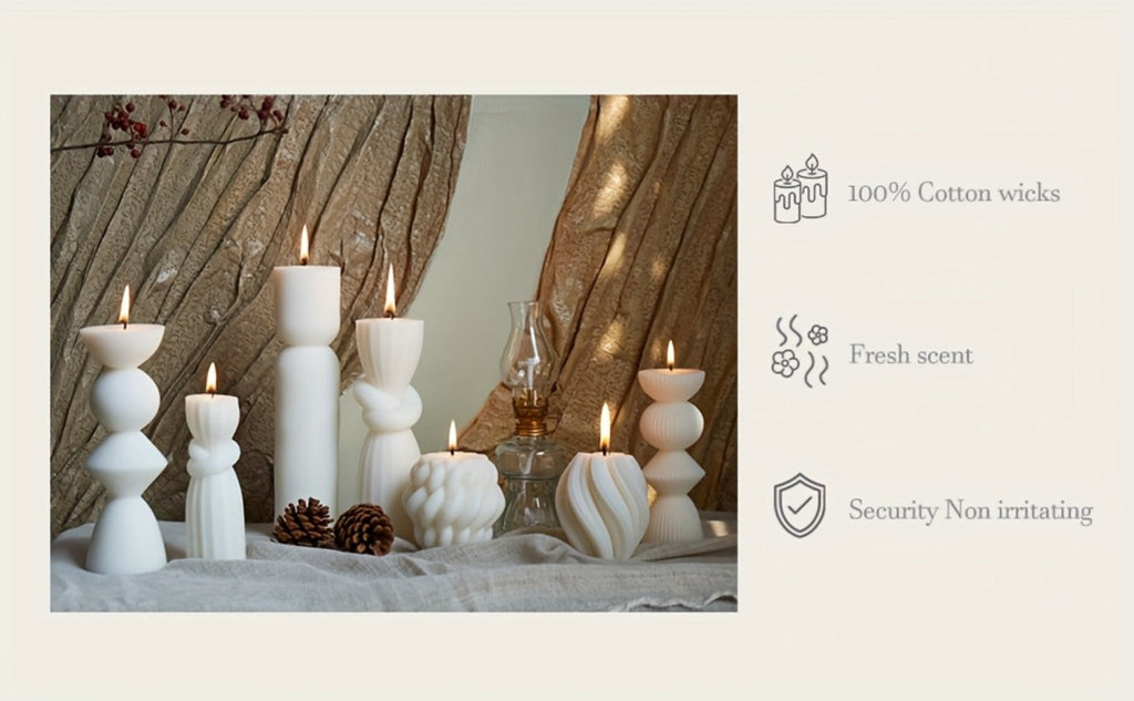 Ribbed Pillar Candles 7-Pack Large Soy Wax, Handmade Aesthetic Pillar Candle Set for Home Decor, Wedding Centerpiece